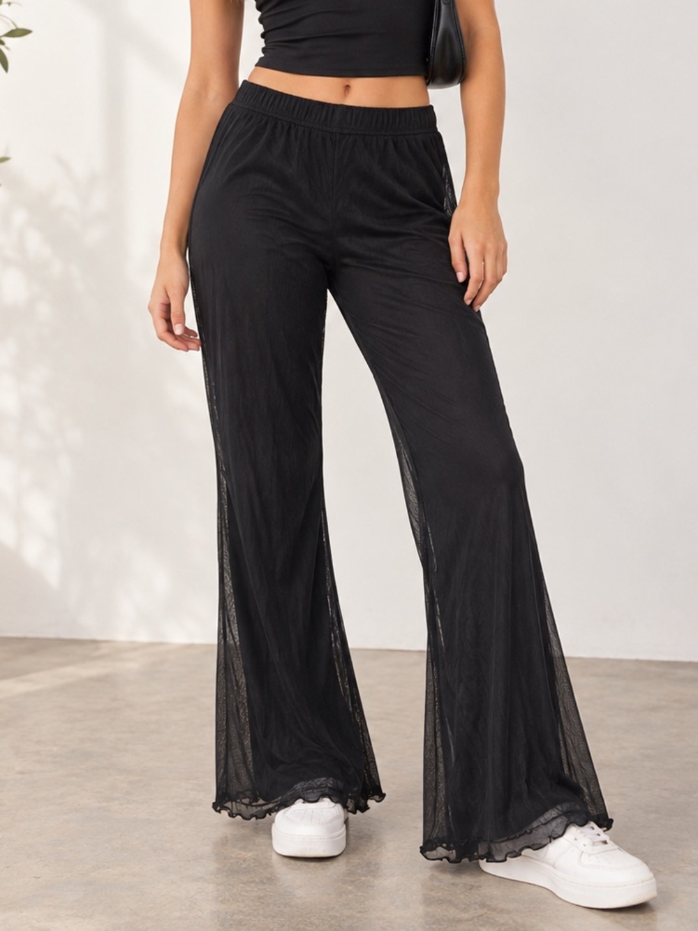 Cotton On Black Mesh Overlay Flare Pants Women’s Medium Y2K Stretch Pull On